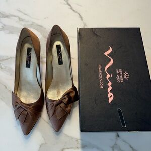 Nina Brown Pointed-Toe Bow Pumps